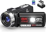 8K 64MP Videokamera Camcorder 18X Digital Zoom IR-Nachtsicht WiFi Videokamera für YouTube 3,0 Zoll Touchscreen Vlogging-Kamera mit 32 GB SD-Karte, 2,4 G-Fernbedienung, Batterien und Externem Mikrofon