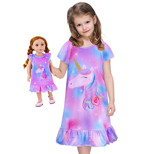 Beinou Nachthemd Mädchen Schlafanzug Kurzarm Kleider Einhorn Nachtwäsche Puppe und Mädchen Passendes Nachthemden