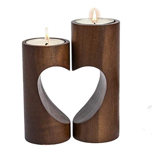 ChasBete Kerzenhalter Holz Teelichthalter Set, Unity Herz Teelicht Kerzenhalter, Romantisch Tischdeko Wohnzimmer - Braun