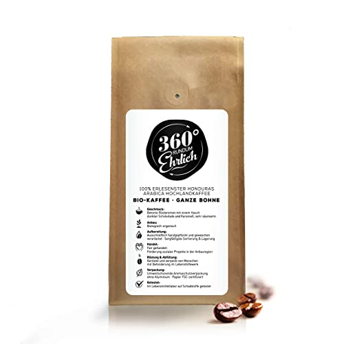 360° Premium Bio Kaffeebohnen, 100% Honduras Hochland Arabica - Köstlich, mild, säurearm - Bio Kaffee ganze Bohnen, Testsieger - Ideal als Kaffeebohnen Vollautomat - 360° rundum ehrlich 500g