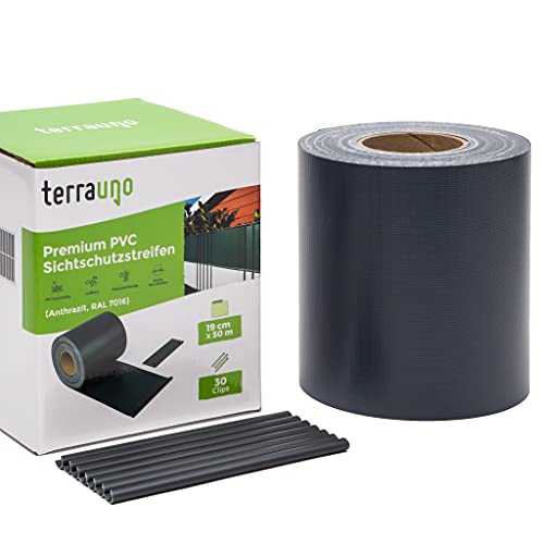 TerraUno - Premium Sichtschutzstreifen für Doppelstabmattenzaun - Gartenzaun I 50mx19cm inkl. 30 Clips I Anthrazit I PVC Sichtschutz für den Zaun