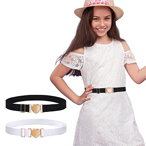 XIAOWU 2 Stück Kinder Elastische Taillengürtel mit herzförmiger Schnalle und verstellbarem Modegürtel für Teen Uniform Kleider Hosen Dekorationen