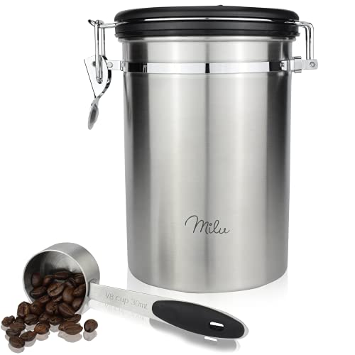 Milu Kaffeedose luftdicht | 500g, 700g | Kaffeebohnen Behälter Edelstahl Vorratsdosen Vakuum Kaffeebox mit Kaffeelöffel (Edelstahl, 700g)