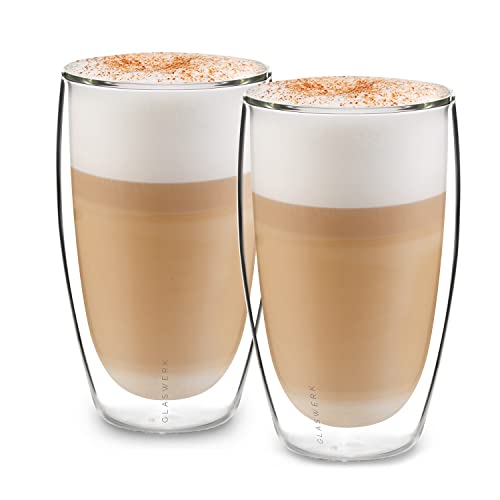 GLASWERK Design Latte Macchiato Gläser doppelwandig (2 x 450ml) Cappuccino Tassen - Doppelwandige Gläser aus Borosilikatglas - Spülmaschinenfeste Teegläser Kaffeetassen Set - Thermogläser doppelwandig