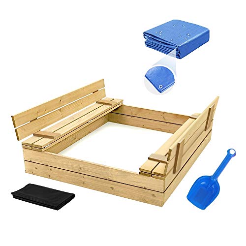 Sandkasten mit Deckel Sandbox 120x120 Sandkiste mit Sitzbänken Holz Spielzeug