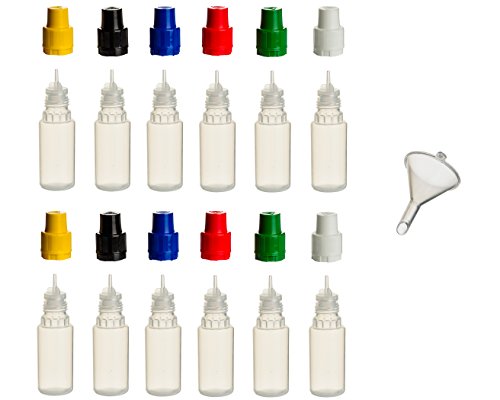 12 Stück 10 ml PP-Flaschen MIT FARBIGEN DECKELN + Füll-Trichter - Quetschflasche Leerflasche Kunststofflasche Plastikflasche Spritzflasche quetschbar zum befüllen und mischen auch Liquide