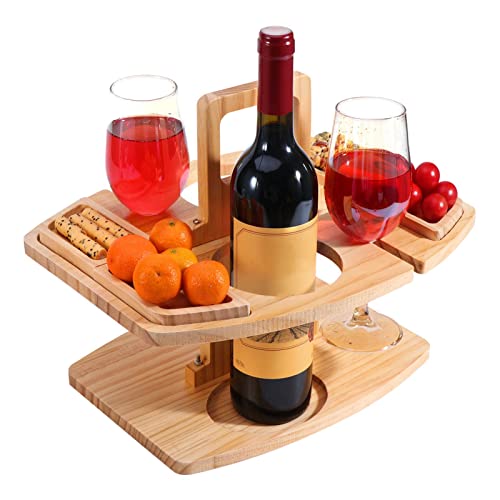 Tragbarer Picknicktisch, Hält Weingläser und -Flaschen an ihrem Platz Wein-Picknicktische aus Holz für den Außenbereich- Picknicktisch Mini Campingtisch Weinglashalter (Holz)