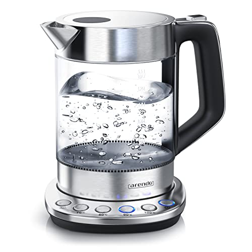 Arendo - Glas Wasserkocher mit Temperatureinstellung - Warmhaltefunktion 30min - 1,5 Liter Füllmenge - Borosilikatglas - Basisstation aus Edelstahl - Modernes Design