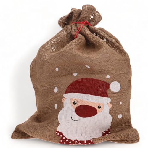MIK funshopping Geschenkesack Jutesäcke Jutebeutel mit farbigem Weihnachts-Motiv, Geschenkverpackung, naturfarben, 70 cm (Weihnachtsmann)