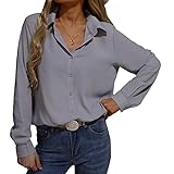 Zahala Battery Damen Bluse Elegant Chiffon V-Ausschnitt Hemden Casual Langarm Arbeit Oberteile mit Knöpfen Tops Langarmshirt(Grau,M)