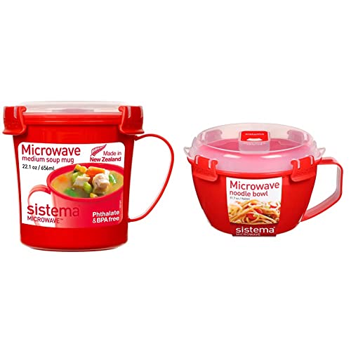 Sistema 1109 Mikrowellen-Nudelbowl To Go, 940 ml, rot & Microwave Suppentasse, 656 ml, rot/transparent
