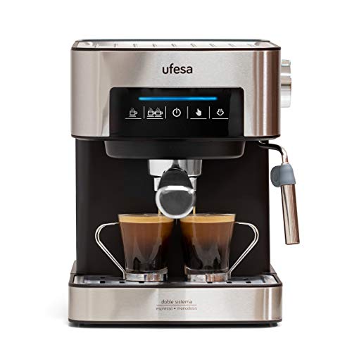 Ufesa CE7255 Siebträgermaschine, Espressomaschine 20 bar, mit Milchaufschäumer, Kaffemaschine für Gemahlener Kaffee oder Kaffeepads, 1,6 L Wassertank, 850 W, Edelstahl