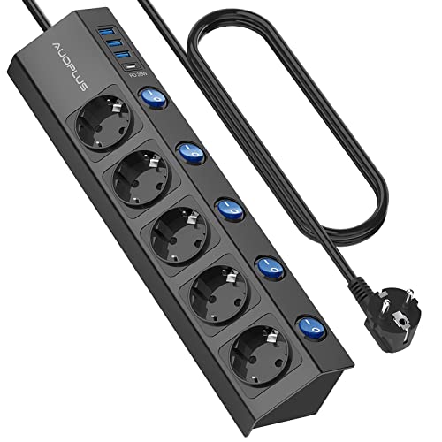 Steckdosenleiste Einzeln Schaltbar,5 Fach Steckdosenleiste Wandmontage mit 1 USB-C Schnellladegerät (PD 20W) &3 USB Steckerleiste,Mehrfachsteckdose mit Überspannungsschutz (3680W/16A),2M Kabel