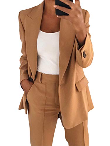 Minetom Damen Elegant Langarm Blazer Sakko Einfarbig Slim Fit Revers Geschäft Büro Jacke Kurz Mantel Anzüge Bolero Tops Khaki XL