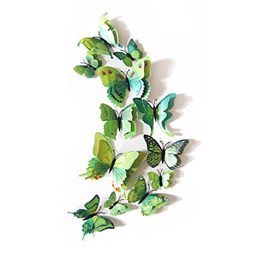 Oblique-Unique 3D Schmetterlinge Doppelflügel Effekt Blumen 12er Set Dekoration Wandtattoo (Grün)