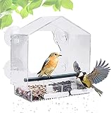 Fubullish Fenster-Vogelhäuschen, transparentes großes Vogelhäuschen mit 4 starken Saugnäpfen und 2 zusätzlichen Vogelständern, abnehmbarem Tablett und Abflusslöchern, für Vögel, 21 x 20 x 10 cm