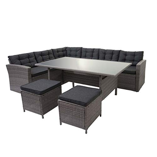 Mendler Poly-Rattan-Garnitur HWC-A29, Gartengarnitur Sitzgruppe Lounge-Esstisch-Set Sofa - grau, Kissen grau + 2X Hocker
