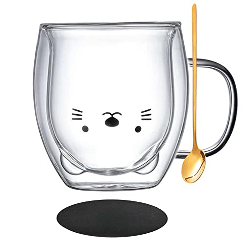 Arawat Katzen Tasse Glas Doppelwandige Gläser Katze mit Henkel Kaffeetasse mit Löffel & Untersetzer Kaffeebecher Tassen Trinkgläser Katze Gläser Teetasse Espressotassen Geschenk für Weihnachten