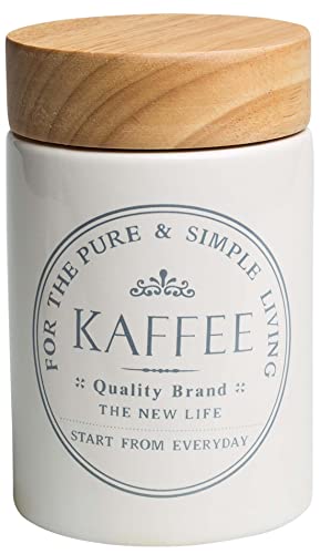 KHG Kaffeedose luftdicht für 250g Kaffeepulver, Kaffee Aufbewahrung aus Keramik Steingut in Weiß glasiert mit Holzdeckel, Vorratsdose rund für Pulverkaffee oder Bohnen, Küchen Deko Vintage Landhaus