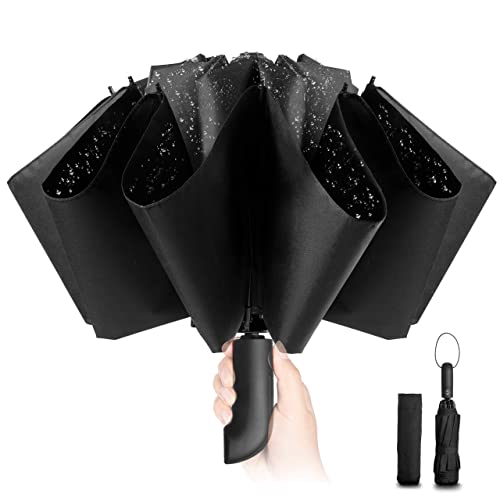 Kompakter Faltbarer Regenschirm sturmfest– mit Automatik windsicher schwarz faltet Sich nach innen für Herren, 210T Teflon-Beschichtung 105 cm Spannweite, 10 Knochenschirm groß Weihnachtsgeschenke