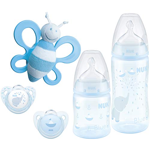 Nuk Baby Blue Starter Set First Choice Plus Babyflasche, Schnuller und Schmetterlingsrassel in attraktiver Geschenkverpackung, 0-6 Monate, hellblau