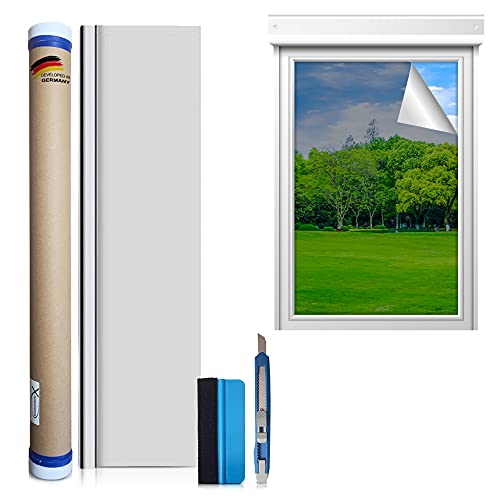 X-Solutions® | UV-Schutz Sonnenschutzfolie Fenster innen oder außen | Spiegelfolie Selbstklebend | Selbsthaftend, Silber reflektierende Fensterfolie | Rückstandslose Sonnenschutz Folie | 90 x 200 cm