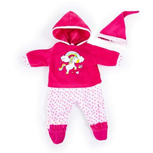 Bayer Design 84690AA Puppenkleidung für 40-46cm Puppen, Hose, Oberteil und Mütze, Set, Outfit mit Einhorn und Regenbogen, pink