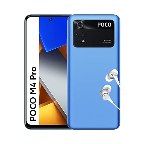 POCO M4 Pro Smartphone + Kopfhörer, 6 + 128 GB Handy ohne Vertrag mit 6,43' 90Hz AMOLED DotDisplay, 64 MP Triple Kamera und 5000 mAh Akkuleistung, Cool Blue (DE Version + Amazon Exclusive)