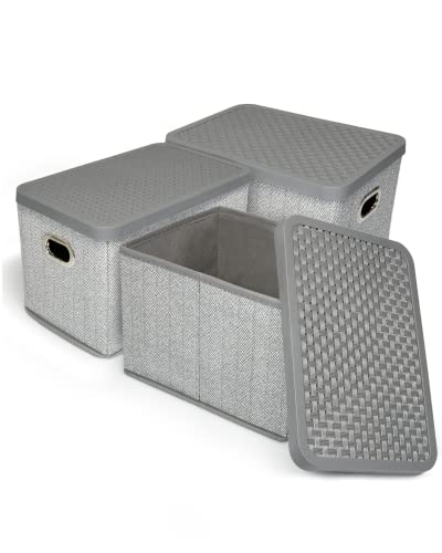 TOPP4u 3x kleine Aufbewahrungs-Box mit Deckel - hochwertige Stoffboxen für Bad, Kinderzimmer - 26 x 17 x 17 cm - faltbare Ordnungskisten - moderne Faltbox in grau-beige