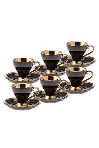 Ems Luxus Schwarzgold 6er Set Türkisch Arabisch Kaffeetassen 90 ml - Espressotasse - Porzellan - 6 Personen - 6 Tassen - 6 Untertassen