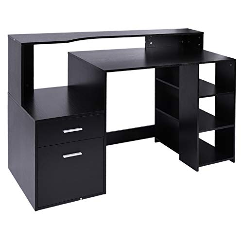 HOMCOM Schreibtisch mit Regal Computertisch Bürotisch mit Tischplatte für Drucker Schublade MDF Metall Schwarz 137 x 55 x 92 cm