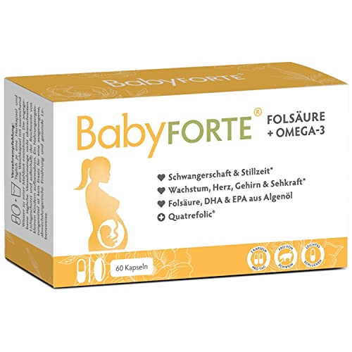 BABYFORTE® Folsäure + Omega-3 + Quatrefolic® – vegan - 17 Vitamine Schwangerschaft & Vitamine Stillzeit - 60 Kapseln + DHA EPA Schwangerschaft