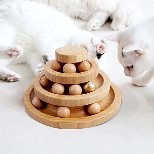 Gelrova Interactive Katzenspielzeug aus Holz, zweilagig drehbar Smart Track Ball Schaukelrolle Geschenke Interactive (3-lagiger Bambus)