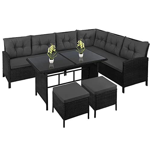 Montafox Polyrattan Lounge Sofa Tisch 2 Hocker Gartengarnitur Grau Sitzgruppe 7 Personen Ecksofa Terrasse Garten Couch, Farbe:Nachtschwärmergrau