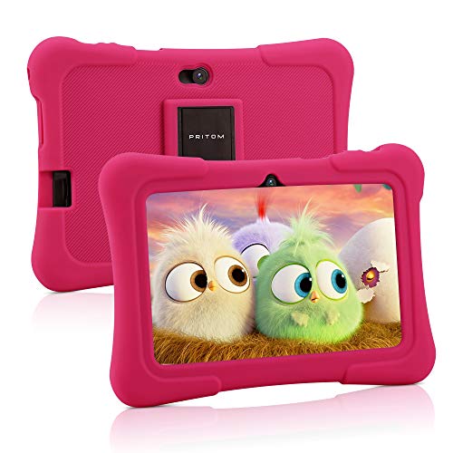 Pritom Kinder Tablet 7 Zoll Android 10, Tablet für Kinder, 16 GB ROM, WLAN, Elternkontrolle, Spiele, Quad Core, Kindersoftware vorinstalliert mit Tablethülle für Kinder (Rosa)