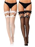 SATINIOR Oberschenkelhohe Socken mit Schleife 2 Paar Halterlose Spitze Strümpfe Damen Strapsstrümpfe für Halloween (Schwarz, Weiß)