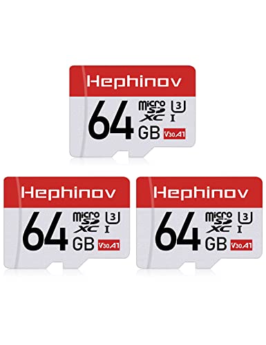 Hephinov Micro SD Karte bis zu 100MB/s(R), 64G MicroSDXC Speicherkarte 3er-Pack + SD Adapter mit A1, V30, U3, C10, 4K UHD Memory Card für Smartphone, Switch, Tablet, Action-Kamera, Drohne und Notebook