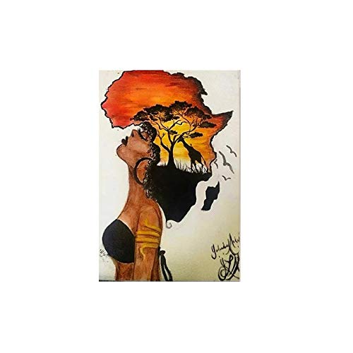 Posters Klassische afrikanische Frau Afrika Karte Form Kopf Kunstdruck Bildende Kunst Leinwand Bild Poster Home Raumdekoration Malerei-50x75cm Kein Rahmen