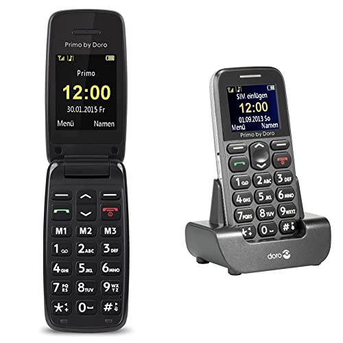 Primo 401 by Doro - GSM Mobiltelefon mit großem beleuchtetem Farbdisplay - schwarz & Primo 215 by Doro GSM Mobiltelefon mit Tischladestation (Notruftaste, Bluetooth, Taschenlampe) grau