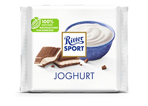 Neues Design: RITTER SPORT Joghurt 100 g, Vollmilch-Schokolade mit Joghurt gefüllt, erfrischende Magermilch-Joghurt-Creme für die Sommerliebe, Tafelschokolade im Knickpack