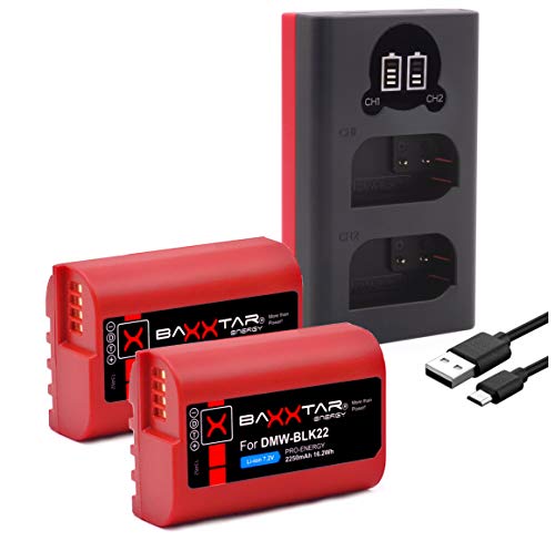Baxxtar Pro (2X) Ersatz für Akku Panasonic DMW BLK22 E (2250mAh) mit Mini LCD DUAL Ladegerät (USB-C/MicroUSB) kompatibel mit DC S5 S5K G9 GH5 GH5S GH6