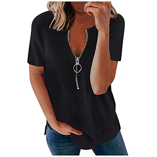 Caixunkun Damenmode Reine Farbe Streifen Reißverschluss Kurze Ärmel Lässige Bluse T-Shirts Hemden 54 - Black XX-Large