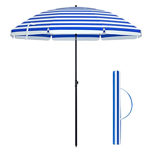 SONGMICS Sonnenschirm für Strand, Ø 200 cm, Gartenschirm, UV-Schutz bis UPF 50+, knickbar, tragbar, Schirmrippen aus Glasfaser, blau-weiß gestreift GPU65WU