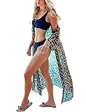 Bsubseach Damen Chiffon Leopard Print Long Beach Kimono Cardigan 3/4 Sleeve See Through Bikini Strandkleid