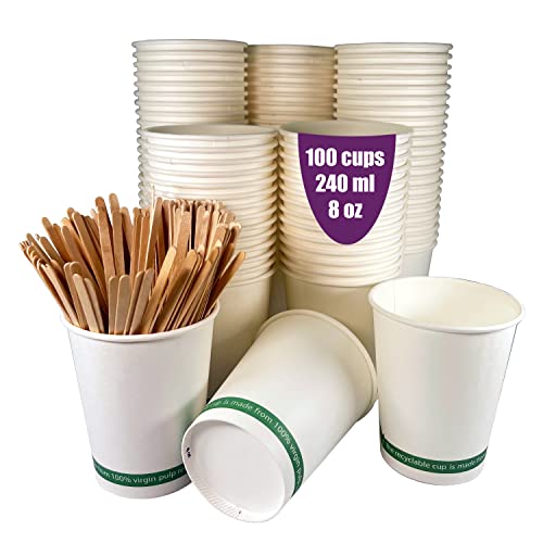 100 Einweg-Kaffeebecher aus weißem Pappe, 240 ml/8 oz, weiße Einweg-Pappbecher, mit Holzstäbchen für Kaffee, heiße und kalte Getränke.