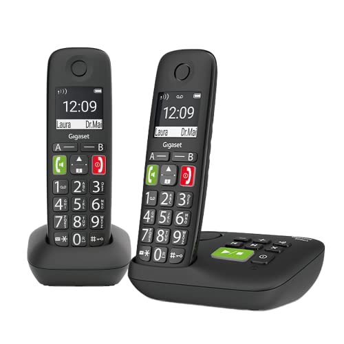 Gigaset E290A DUO - 2 Schnurlose Senioren DECT-Telefone mit Anrufbeantworter - großen Tasten und Display, Zielwahltasten für wichtige Nummern, Verstärker-Funktion für extra lautes Hören, schwarz