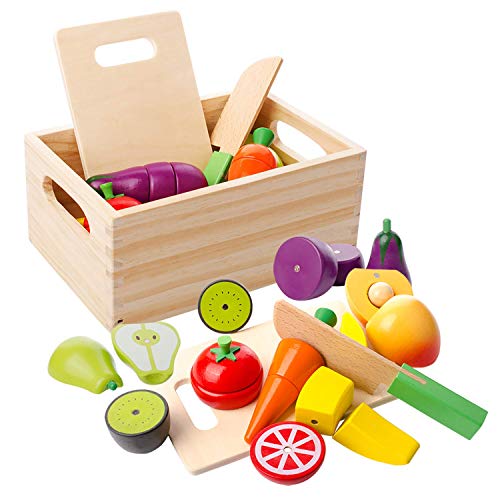 Hölzernes Küche Kinder Spielzeug, Schneiden Sie Obst und Gemüse Magnetspielzeug, Kochen Lebensmittel Simulation Bildungs und Farbe Wahrnehmung für Vorschulalter Kleinkinder Jungen Mädchen