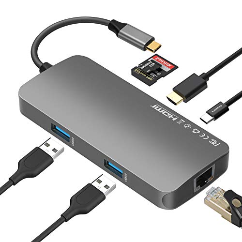 USB-C-Hub-Multiport-Adapter 7 in 1 tragbarer Platz, CestMall Aluminium-Dongle mit 4K HDMI-Ausgang 2 USB 3.0-Anschlüsse SD/Micro SD-Kartenleser Ethernet-Anschlus für MacBook Pro, XPS mehr Typ-C-Geräte