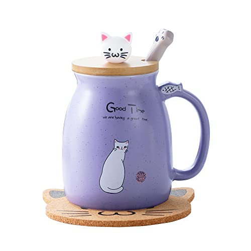 Katzentasse Süße Kaffeetasse aus Keramik mit Lovely Kitty Deckel Löffel, Morgentasse Tee Milch Geburtstagsgeschenk Weihnachtsbecher 380ML (Violett)