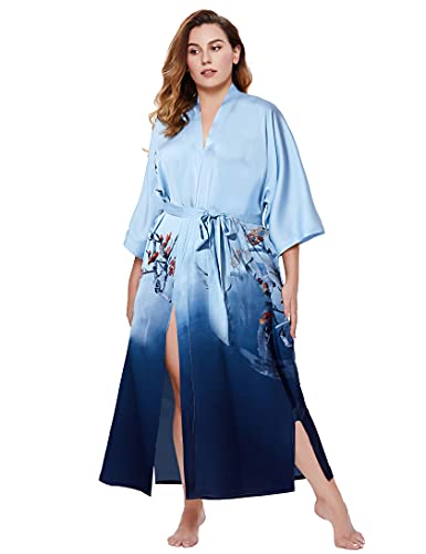 Prodesign Damen Morgenmantel Kimono Große Größen Bademantel Lang Sommer Robe Blumen Muster Leicht Strandkleid Elegant Damen Satin Schlafmantel (Blau)
